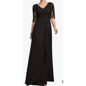 Fashion Black Lace Sequin V-Neck Ruched Evening Gown Mother of the Bride Dress